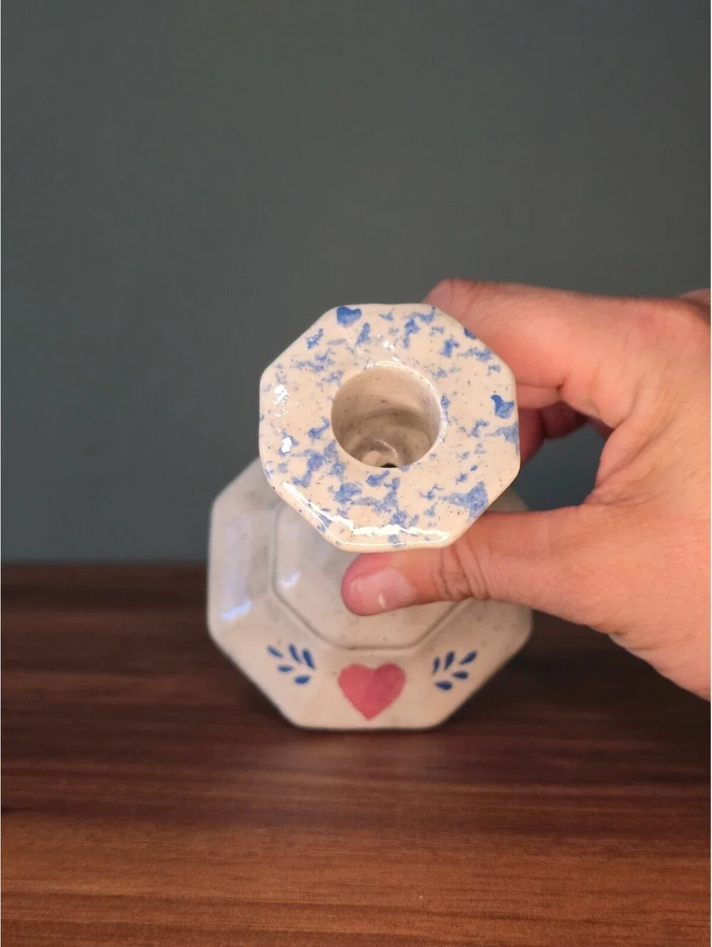 Vintage Spongeware Heart Ceramic Candlestick Holder Country Decor